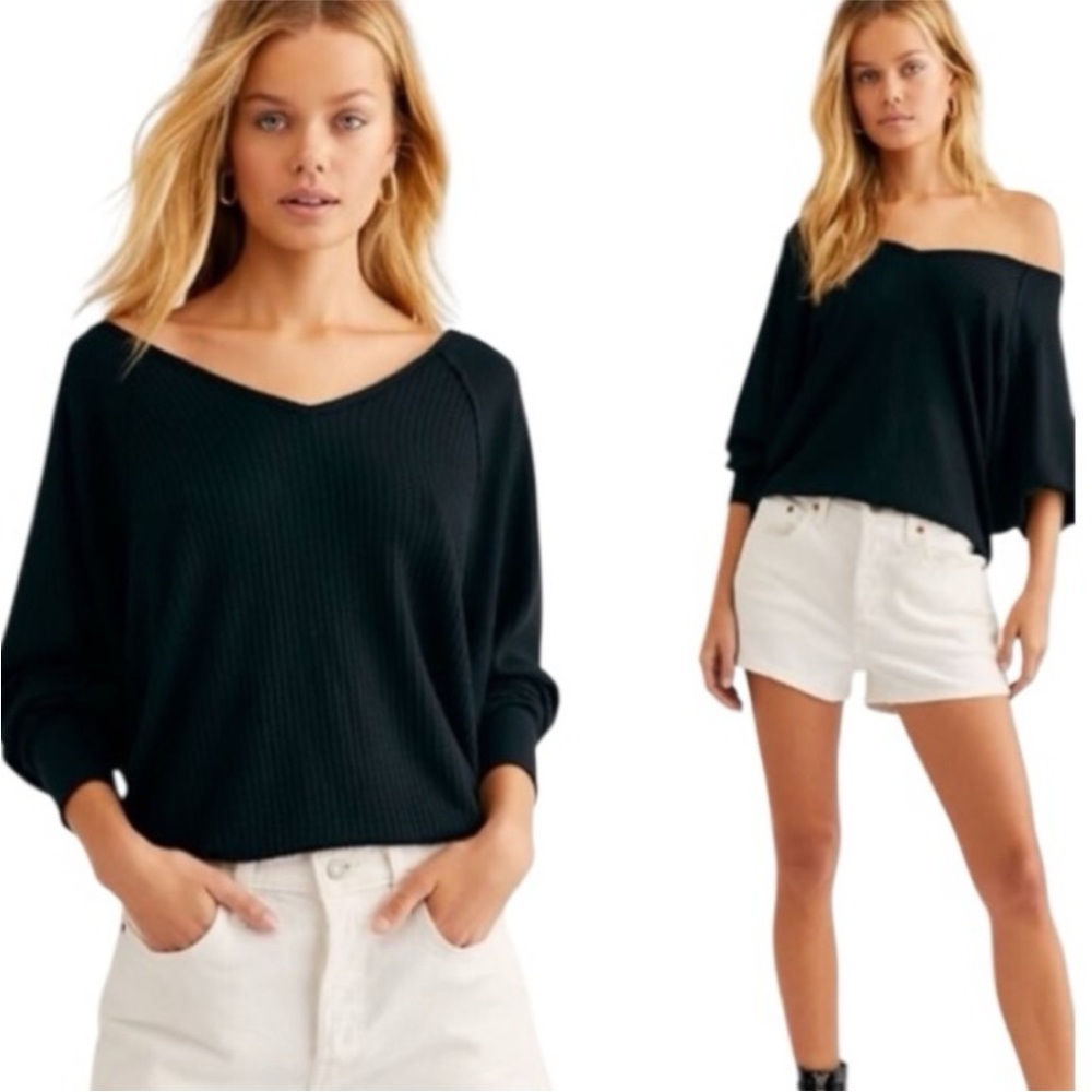 Free People Santa Clara Thermal Long Sleeve V Neck Top Black Size Small
